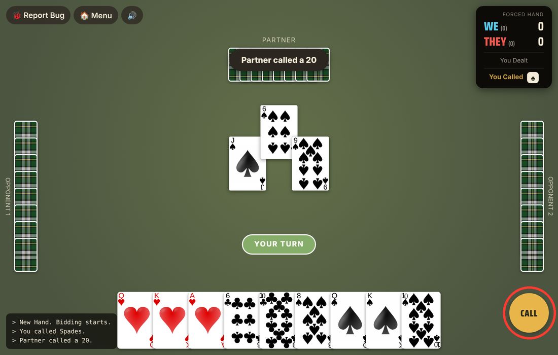 The round CALL button lit up on the right side before the first card is played