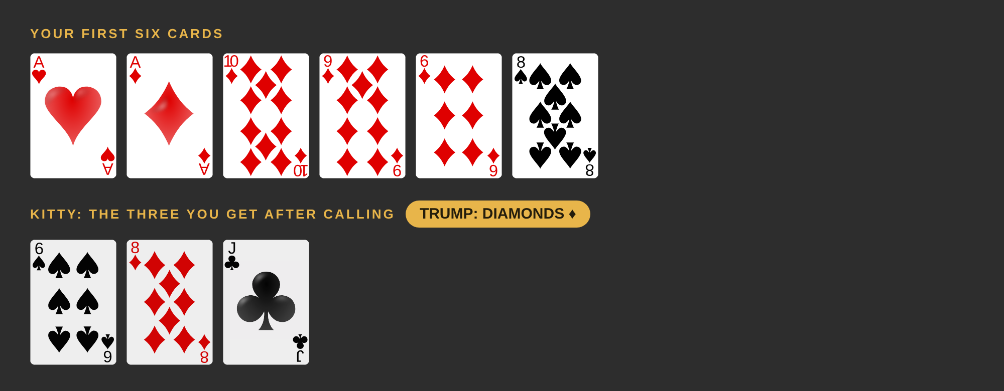 Your six cards are the ace of hearts, the ace, 10, 9 and 6 of diamonds and the 8 of spades. The kitty is the 6 of spades, 8 of diamonds and jack of clubs. Trump is diamonds.