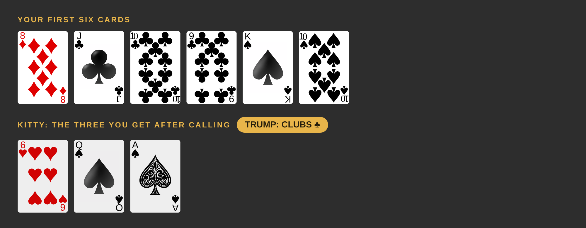 Your six cards are the jack, 10 and 9 of clubs, the king and 10 of spades and the 8 of diamonds. The kitty is the 6 of hearts, queen of spades and ace of spades. Trump is clubs.