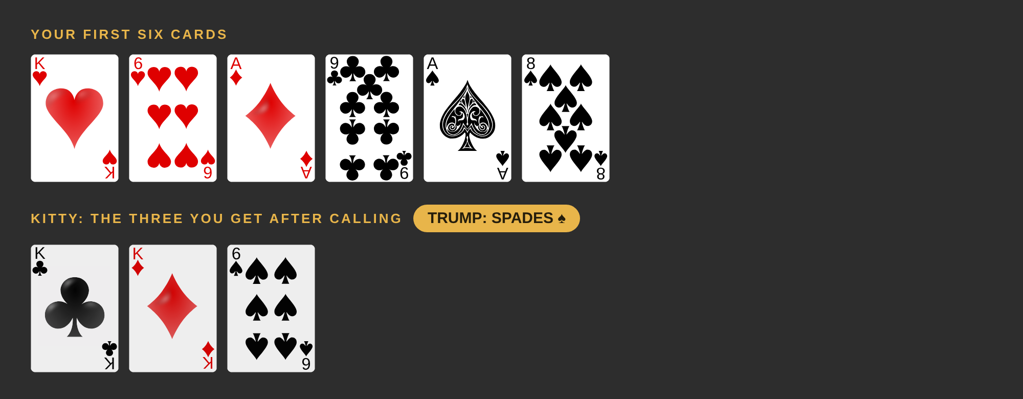 Your six cards are the king and 6 of hearts, the ace of diamonds, the 9 of clubs and the 8 and ace of spades. The kitty is the king of diamonds, the king of clubs and the 6 of spades. Trump is spades.