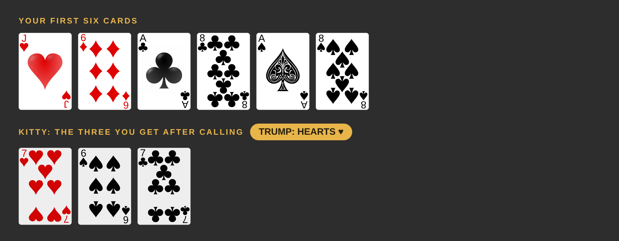 Your six cards are the jack of hearts, the 6 of diamonds, the 8 and ace of clubs and the ace and 8 of spades. The kitty is the 7 of hearts, the 7 of clubs and the 6 of spades. Trump is hearts.