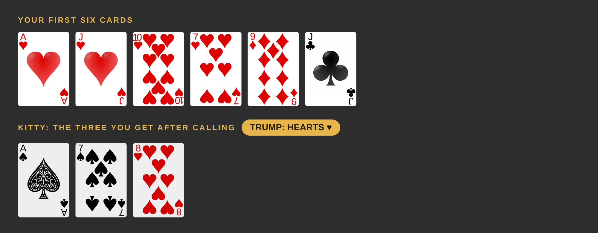 Your six cards are the 7, ace, 10 and jack of hearts, the 9 of diamonds and the jack of clubs. The kitty is the 8 of hearts and the ace and 7 of spades. Trump is hearts.